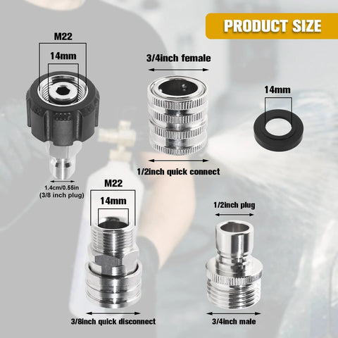 Aezpc pressure washer adapter kit, stainless steel, M22-14/15mm swivels to 3/8 in. QC and 3/4-1/2 in. QR, 8 sets
