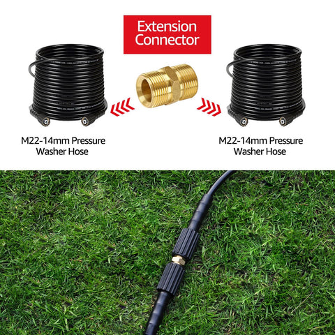 M22 To Three Eighths Inch Quick Connect Pressure Washer Adapter Set For 5000 PSI Hoses And Guns, Quick Connect Couplers And Fittings For Pro Grade Pressure Washer Accessories, 5 Piece Kit By YAMATIC showing hoses and connector.