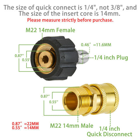 FIXFANS pressure washer adapter set, M22 14mm to 1/4 inch quick-connect fittings, 2-pack black female and brass male.