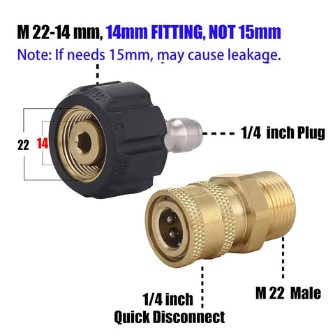 Pressure washer adapter set: M22 14mm to 1/4 inch quick-disconnect, brass fitting with black collar.