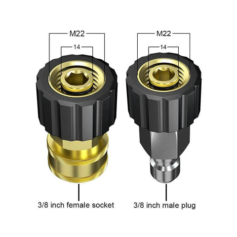 Pressure Washer Quick Connect Adapter Set M22 14mm To Three Eighths Inch Brass Fittings With Male Plug And Female Socket