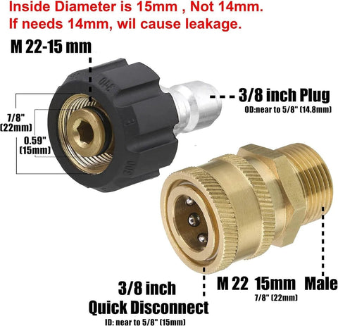 Pressure Washer Quick Connect Adapter Set M22 15mm Female To M22 Male Fitting, 5000 PSI High Pressure Connector in brass.