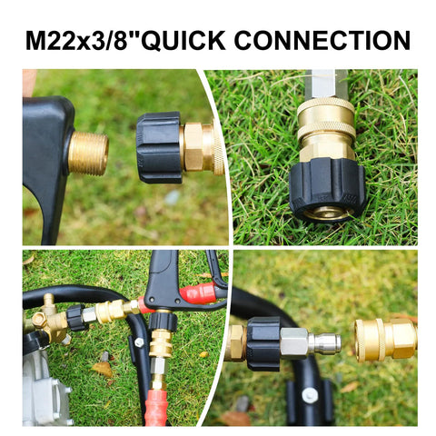 Heliwoo pressure washer adapter set with brass M22x14mm to 3/8 in quick-connect fittings; black collar, 4500 PSI.