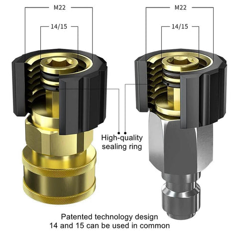 Pressure Washer Quick Connect Adapter Set M22 14mm To Three Eighths Inch Brass Fittings With Male Plug And Female Socket