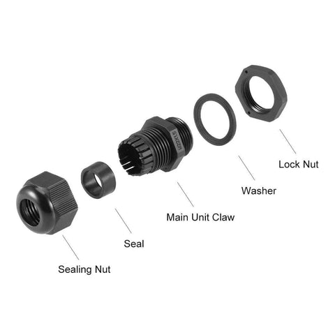 Exploded view of M22x1.5 Waterproof Nylon Cable Gland With Locknut And Washer, Adjustable 7mm To 12mm Hole Size, Black Enclosure Fitting
