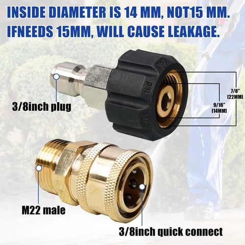 Hourleey pressure washer quick-connect fittings, M22 male to 3/8 in brass adapters, 2-pack