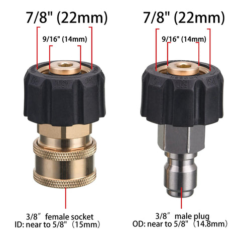 Two JOEJET pressure washer quick-connect couplers, M22 14mm to 3/8 in; brass 3/8 in female socket and steel 3/8 in male plug.