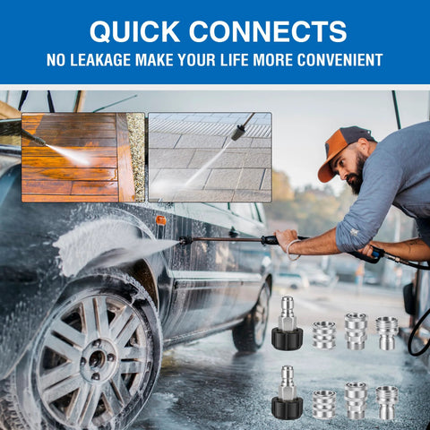Premium pressure washer quick-connect kit with stainless M22 swivel to 3/8" QC and 3/4" quick-release adapters.