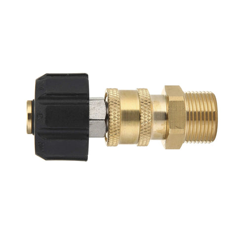 Brass pressure washer adapter with black plastic quick-connect end, M22 14mm to 1/4 in