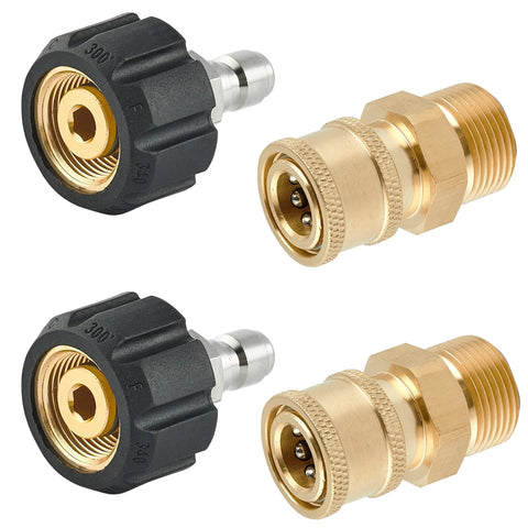 Raincovo pressure washer quick-connect fittings, M22 14mm to 1/4 in adapters, brass with black collars, 4 pieces