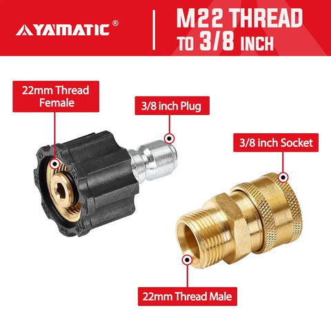 YAMATIC pressure washer adapter set with M22 female and 3/8 inch connectors; brass male and black housing, 2 pieces
