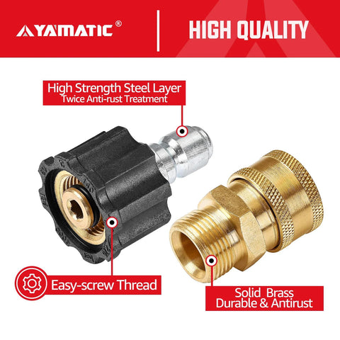 YAMATIC pressure washer adapter set with M22 to 3/8 inch quick-connect fittings, two brass and black plastic couplers