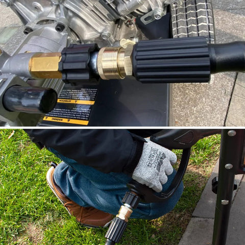Close-up of YAMATIC pressure washer adapter, brass M22 to 3/8 in quick-connect with black sleeve.  
Installed on hose and gun, YAMATIC 2-pack pressure washer adapters with brass fittings and black quick-connect sleeves.