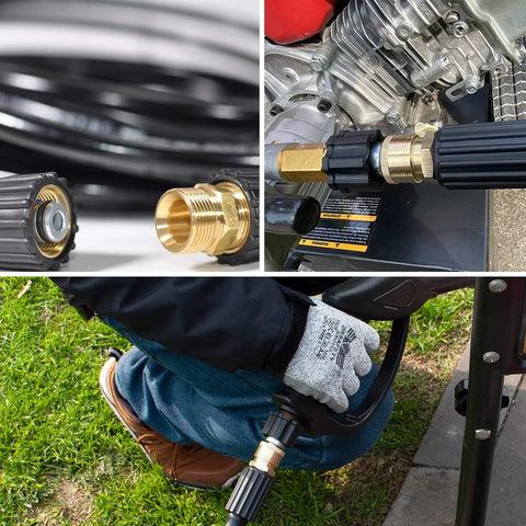 YAMATIC 5-piece pressure washer adapter set collage showing brass M22 to 3/8-in fittings with black quick-connect couplers
