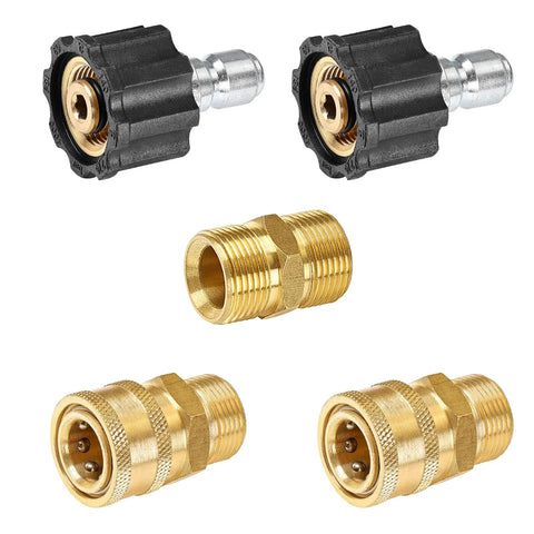 Five-piece pressure washer adapter set: two black quick-connect bodies and three brass M22 to 3/8 in adapters.