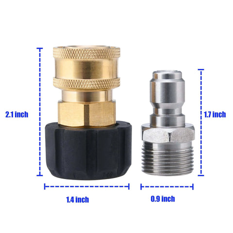Pressure Washer Quick Connect Adapter Set M22 To Three Eighths Inch For Hose with measurements showing brass and steel parts