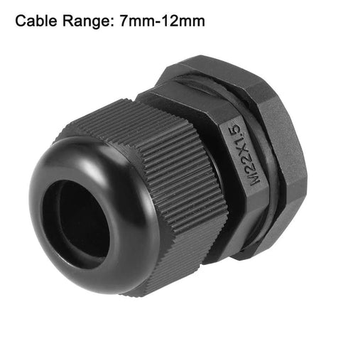 M22x1.5 Waterproof Nylon Cable Gland With Locknut And Washer, Adjustable 7mm To 12mm Hole Size, Black