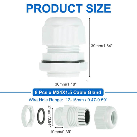 8 Pcs M24 Cable Gland Set 12 To 15mm Wire Hole Waterproof Nylon Joint for Cable Fixing Wiring Repair Gland Replacement White