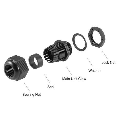 Exploded view of M25x1.5 Cable Gland Waterproof Nylon Joint With Locknut And Washer, 12mm-15mm Wire Hole, Black 10 Pcs.