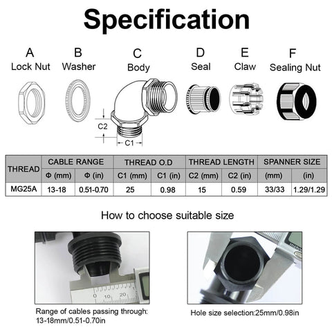 Diagram of M25 Cable Gland 90 Degree Adjustable Right Angle Strain Relief For 13 To 18mm Cables Cord Connectors Nylon Joints