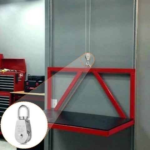 M25 Single Pulley Block Loading 550lbs, CBTONE 10 Pack 304 Stainless Steel Wire Rope in a lifting setup