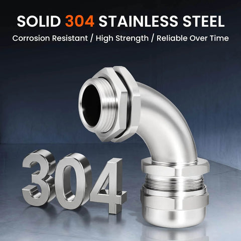 M25 304 Stainless Steel 90 Degree Cable Gland IP68 Waterproof Right Angle Entry For Electrical Enclosures Outdoor Wiring and EV Charging Stations