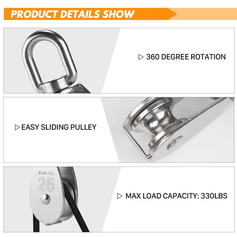 Product details of M25 Stainless Steel Pulley System Kit showing 360-degree rotation, easy sliding pulley, and 330lbs capacity.
