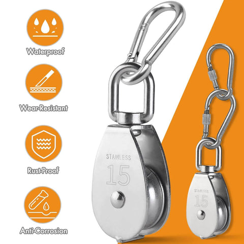 Close-up of M25 Stainless Steel Pulley System Kit showing heavy-duty pulley wheel and features like waterproof and rustproof qualities.