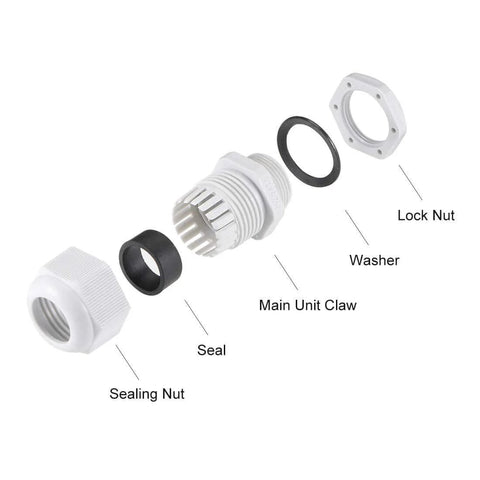 M25x1.5 Cable Gland Kit For 12mm-15mm Wire Holes Waterproof Nylon Joint With Adjustable Locknut And Washer White 10 Pieces Exploded View