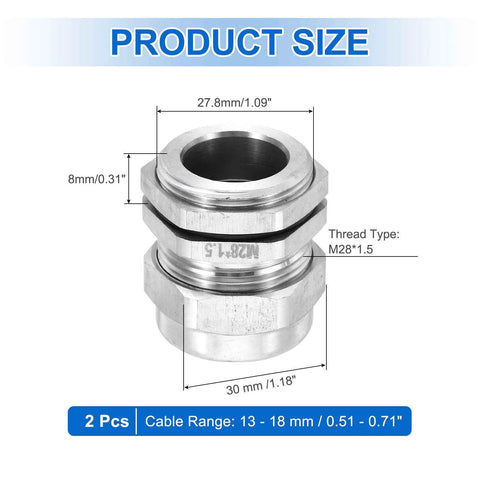 M28x1.5mm Cable Glands IP68 Waterproof Strain Relief Cord Grip Connector, 304 Stainless Steel, shown with measurements and specs
