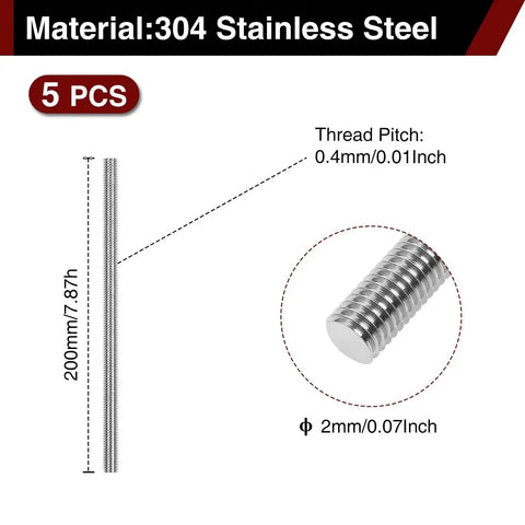 Five-piece set of M2x200mm fully threaded rods in 304 stainless steel, showing dimensions and close-up of threads, right-hand thread, 0.4 pitch