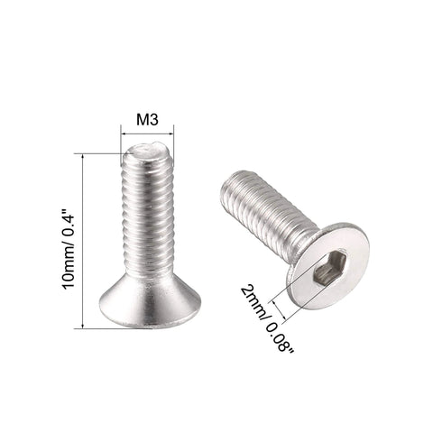 M3 x 10mm Metric Hex Socket Countersunk Flat Head Screw Bolts 100PCS, 304 stainless steel showing measurements and hex socket detail
