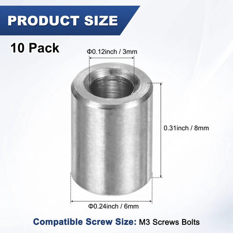 10 Pcs M3 304 Stainless Steel Spacers 3mm ID By 6mm OD By 8mm Length Standoff Bushings Plain Finish Silver For Screws Bolts DIY And Heavy Duty Projects