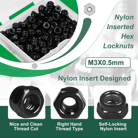 M3 Nylon Inserted Lock Nuts Set, 115 Pcs Self Locking Hex Nuts With Nylon Insert, Metric M3 0.5mm Thread, 4mm Height, 5.5mm Hex Width, Black Carbon Steel, Packaged In Clear Box For Easy Sorting And Safe Storage
