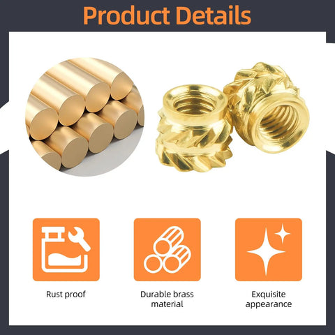 100 Pack M3 Brass Heat Set Threaded Inserts For Plastic And 3D Printing M3x4x5mm Knurled Female Nuts shown with rust-proof brass material.