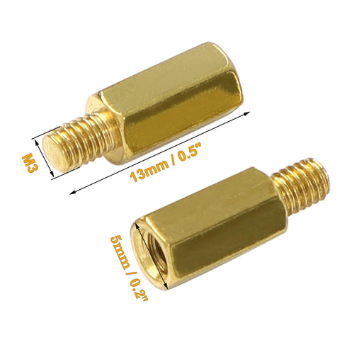 Two brass hex standoff spacers with M3 male to female threads, 13mm length, 5mm width, for PC build and motherboard 50-piece kit.