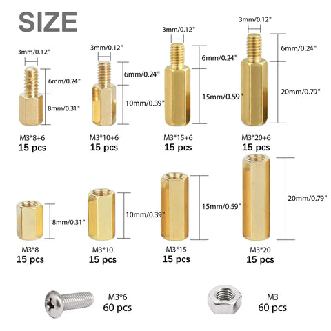 260Pcs M3 Brass Thread Hex Standoff Spacer Assorted Kit With Nuts And Screws showing various sizes and dimensions