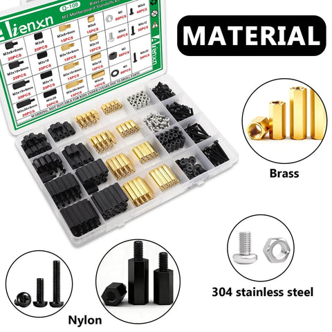 640PCS M3 Brass and Nylon Motherboard Standoffs Kit with hex spacers, screws, and nuts made from brass, nylon, and 304 stainless steel.
