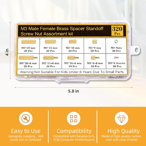 320 Pcs M3 Standoff Screws And Nuts Kit With Brass Female To Female Standoffs, 6 10 15 20mm, product packaging and dimensions.