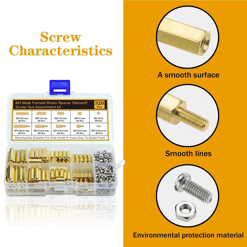 320Pcs M3 Motherboard Standoffs Screws Nuts Kit With Brass Spacer Standoffs in a compartment box, showing characteristics and details.