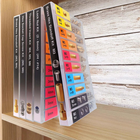 Hex Brass M3 Standoff And Spacer Kit With 208 Pieces displayed in organized compartments on a shelf