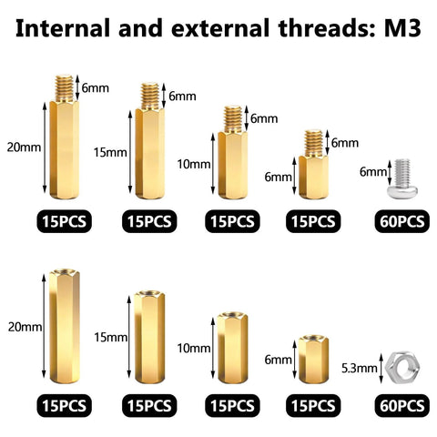 Diagram of 640PCS M3 Brass and Nylon Motherboard Standoffs Kit showing various sizes of male and female hex spacers and screws.