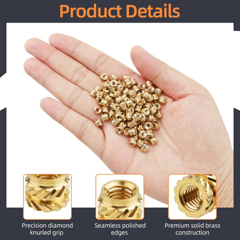 Hand holding 100 Pack M3 Brass Heat Set Threaded Inserts For Plastic And 3D Printing M3x4x5mm Knurled Female Nuts