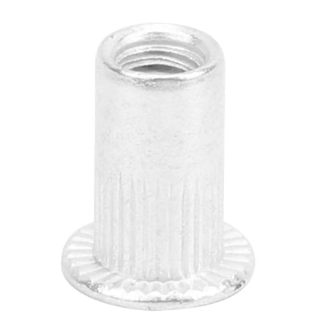 Close-up of an M3 flat-head aluminum rivet nut; part of a 100 Pcs Aluminum Rivet Nuts M3 Flat Head Pull Rivet Nut Assortment Kit Pro Grade In Plastic Box For Metal Panels, Automotive, Aviation, And Rail Applications For DIY Projects, Marine, Industrial, And Workshop Use.
