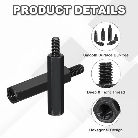 48 Pack M3 Hex Standoff Kit Pro Grade Carbon Steel PCB Spacer Set With 20mm Studs And 6mm Screws For Computer Cases Circuit Boards FPV Drones Quadcopters Black Finish, showing hexagonal design and smooth surface.
