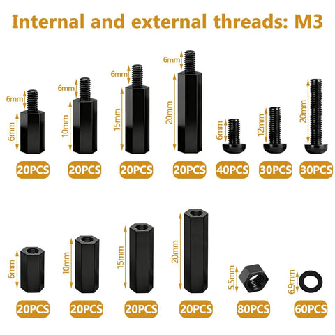 640PCS M3 Brass and Nylon Motherboard Standoffs Kit with various hex spacer sizes shown, suitable for circuit and PCB boards.