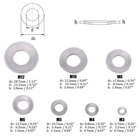 Diagram showing M3 to M12 304 stainless Belleville spring washers with dimensions for each size in assortment kit with 7 sizes.