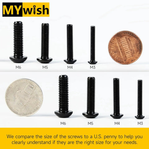 Comparison of 420 Piece M5 Nuts And Bolts Set with U.S. penny and nickel for size reference, hex button head screws in black finish