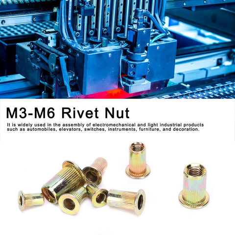 240 Piece Rivet Nut Set M3 M4 M5 M6 Zinc Plated Quick Riveting Hardware For Metal Panels Pipes And Lightweight Industrial Projects Pro Grade Durable Carbon Steel Oxidation Resistant Easy Fastening Kit shown with machinery background and loose nuts displayed.