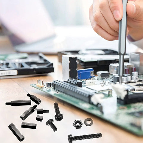 Close-up of 260 Piece M3 Nylon Hex Spacer Standoffs Kit with Male and Female Threads for PCB and Motherboard, shown with circuit board.